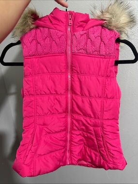 Girls Hot Pink Puffer Vest with Faux Fur Hood